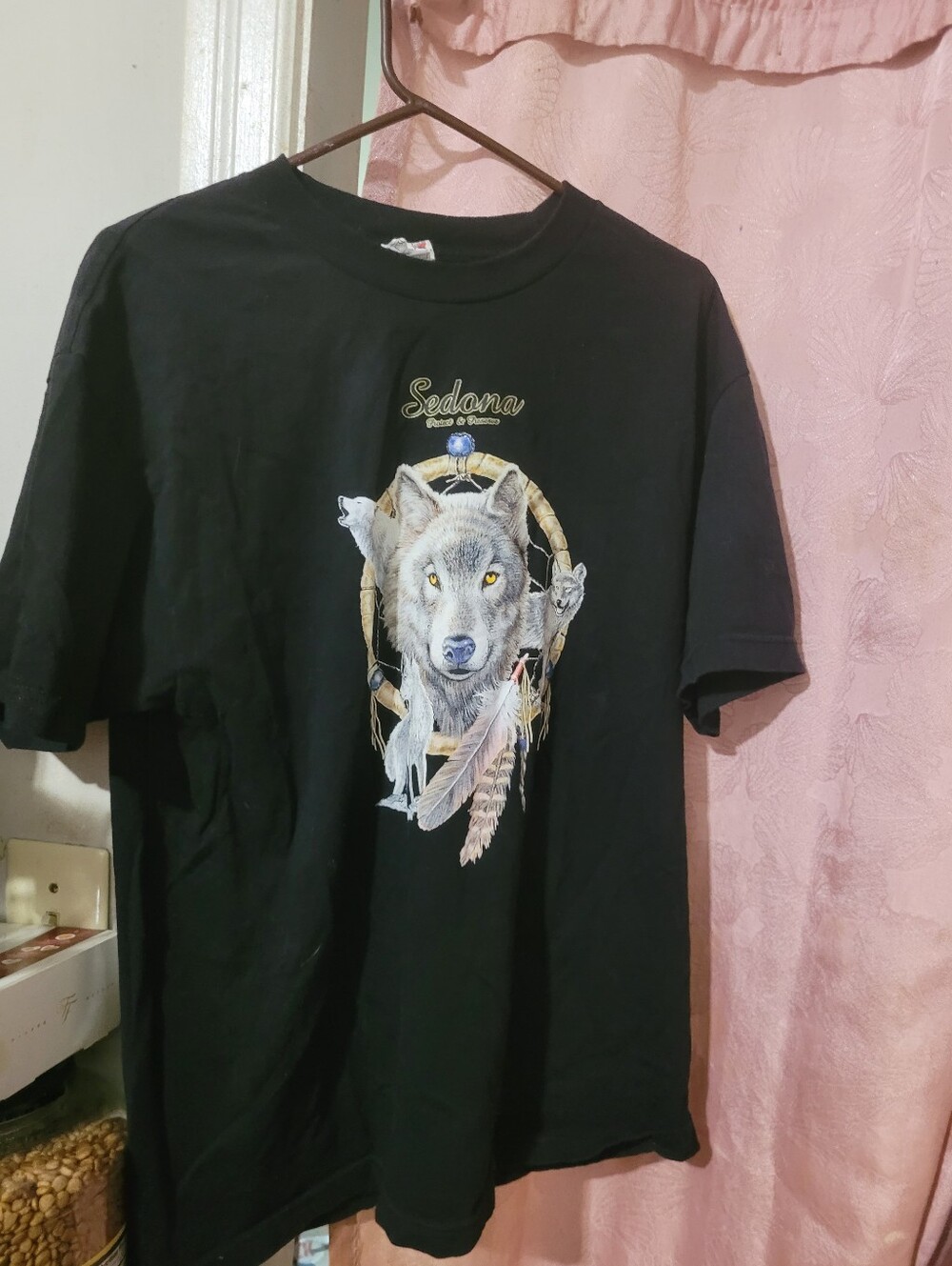 Alstyle Black Wolf & Dreamcatcher Graphic Tee with Yellow Eye Accents